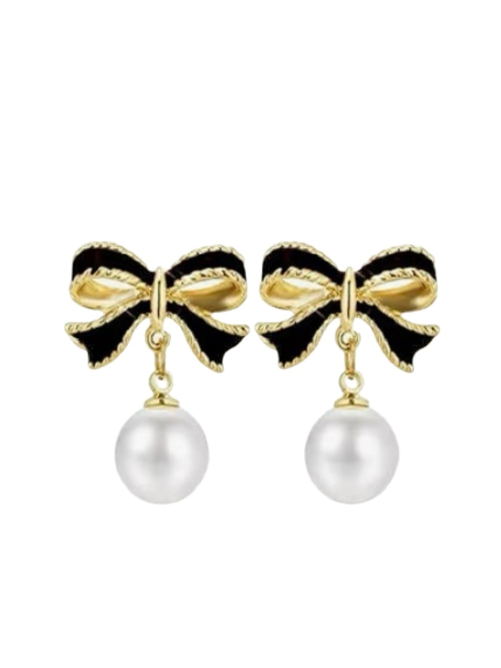 Gold Bow Pearl Drop Earrings - Black & White